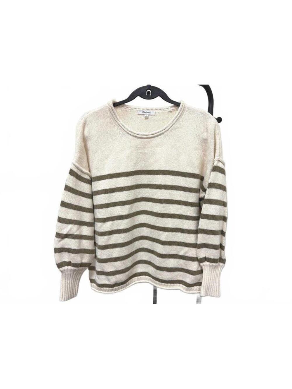 Madewell Women’s S Striped Cotton Sweater Cream Olive Green Crewneck